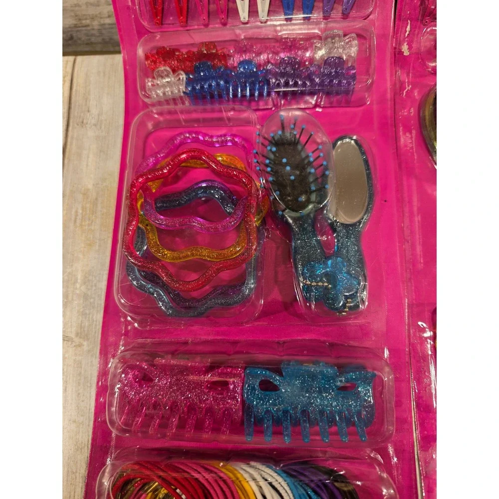 2- Vtg Fun Spirit Girls Hair Accessories 100pc Set Brush Mirror Clips Ties Clips
